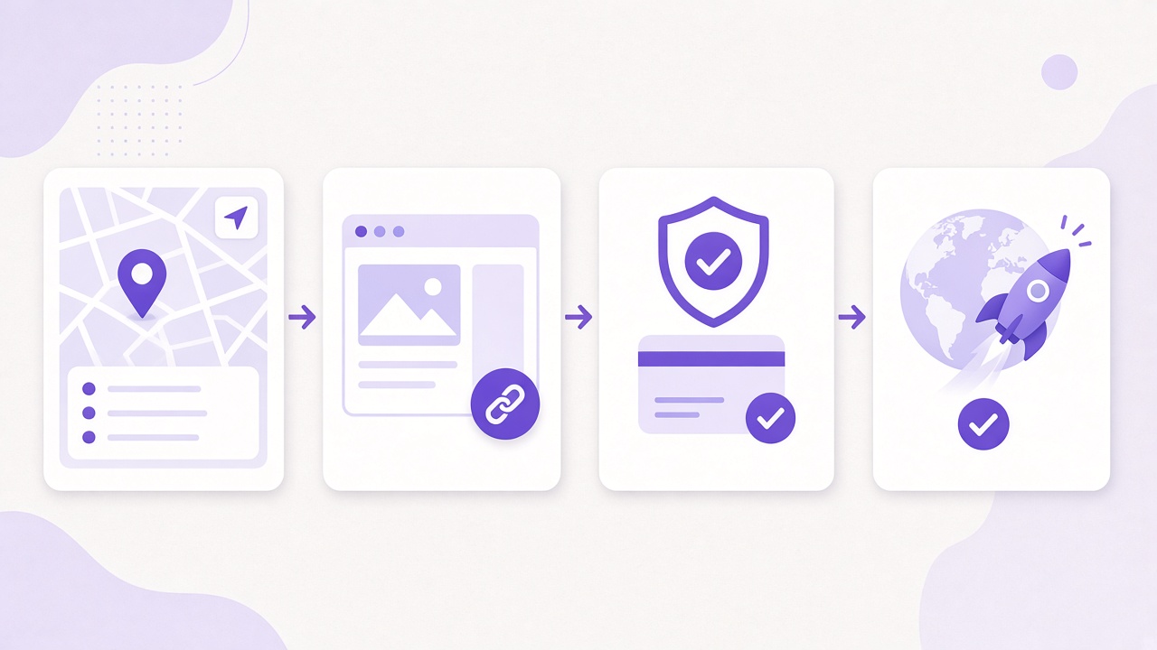 Four-step Siteful flow: Maps listing, live preview, pay once, go live