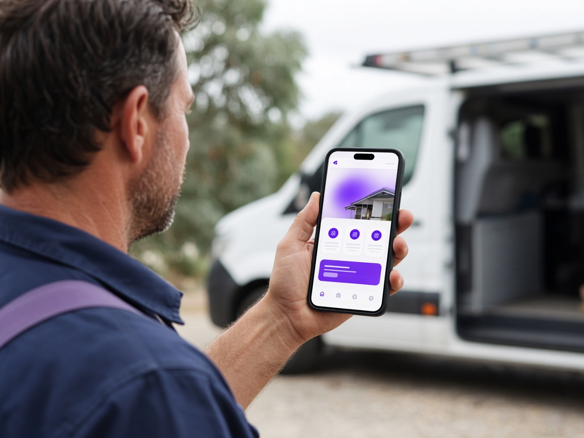 Tradesperson reviewing a purple-accent website preview on a phone beside a work van